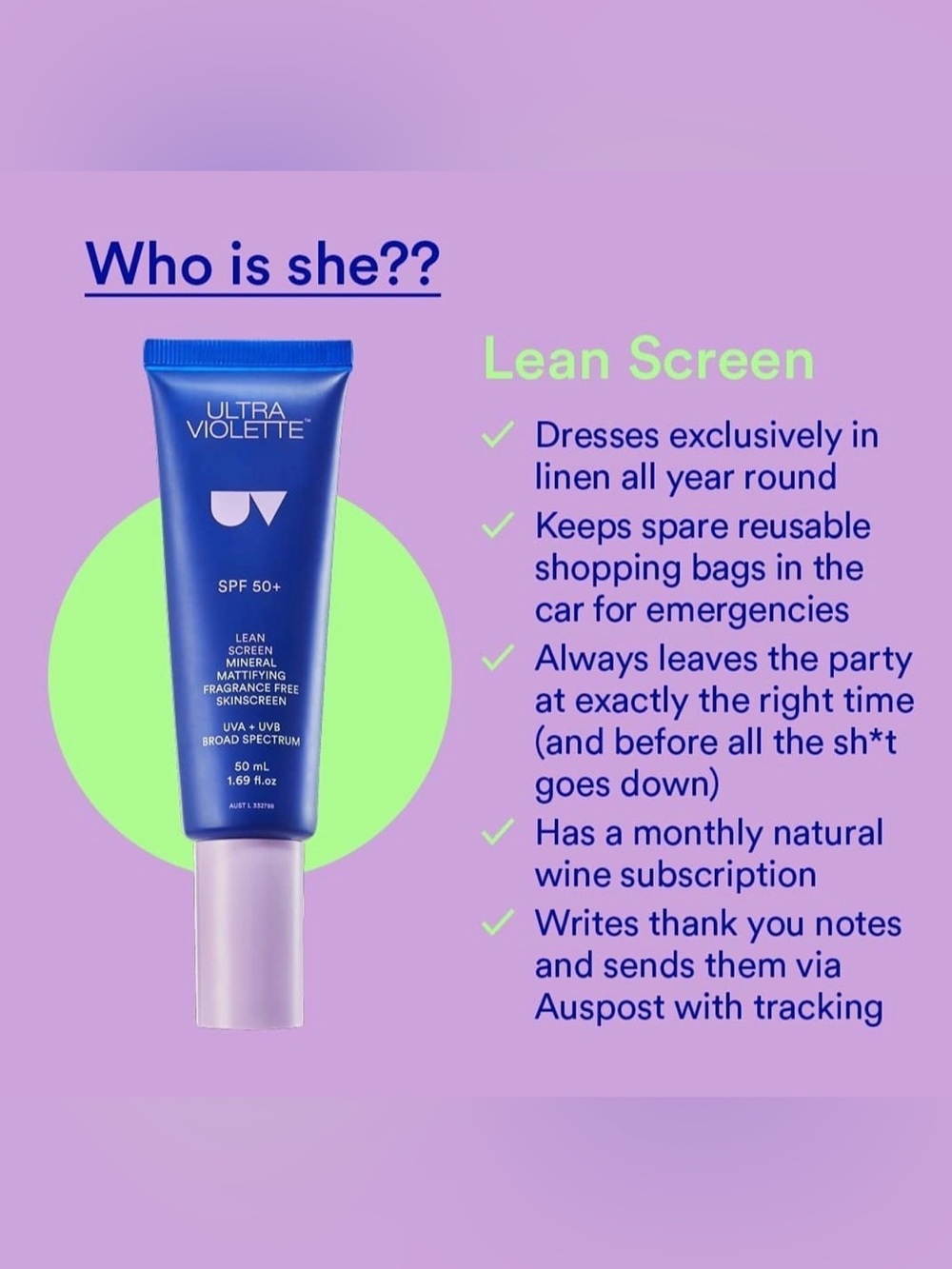 Ultra Violette Lean Screen SPF 50+ Sunscreen - Blue Tube on Lavender